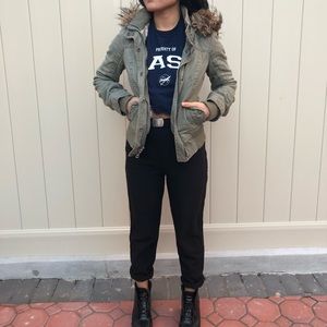 Green Military Bomber Parka Sherpa Faux Fur Jacket